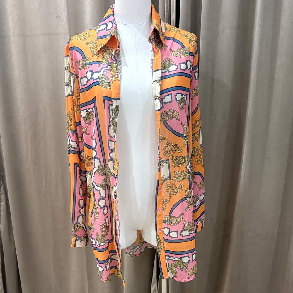 PrettyLittleThing Orange and Pink Button Down Shirt